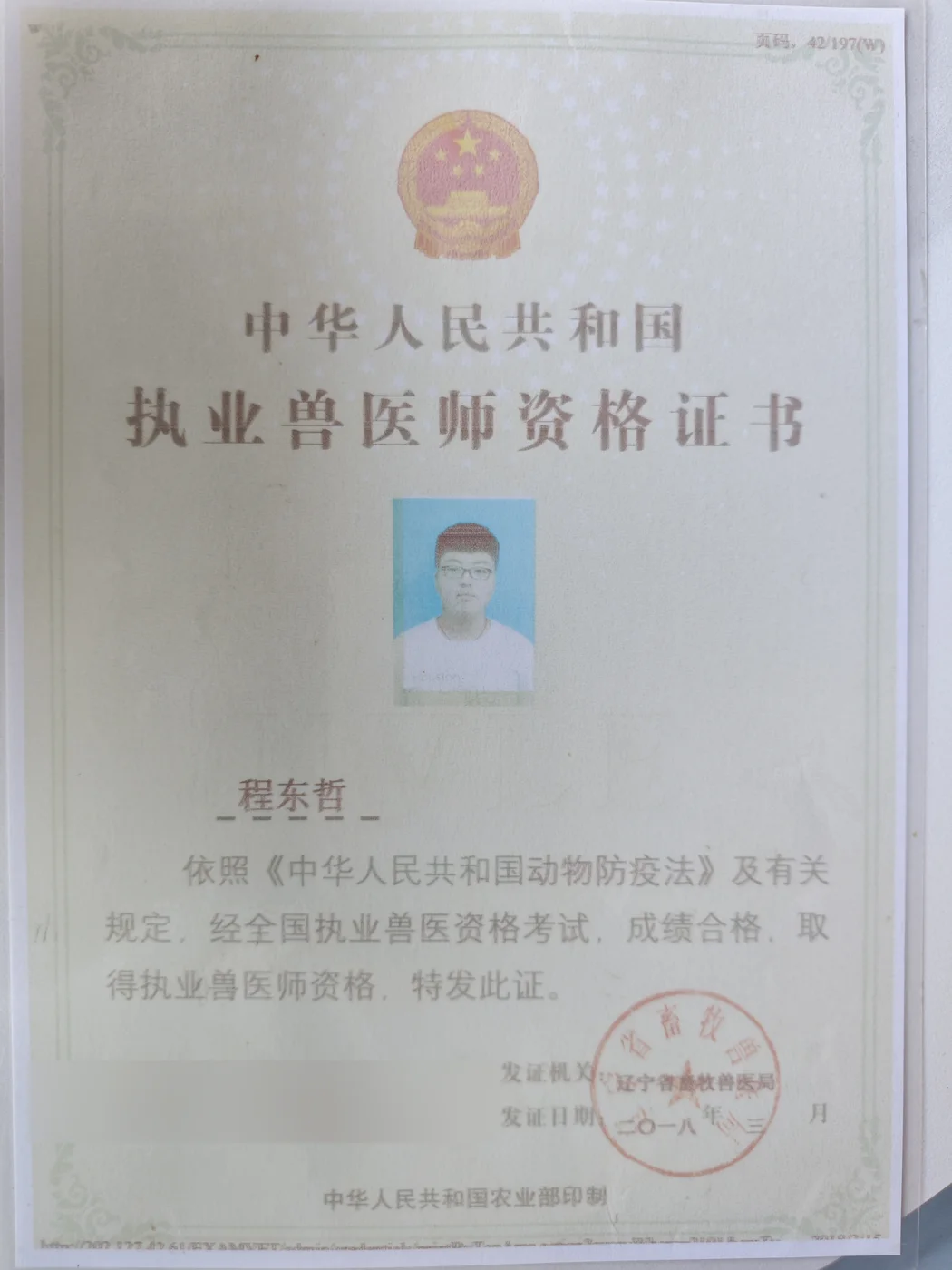 程东哲执业兽医资格证书照片,我宠我爱动物医院沈阳新市府店医师团队成员