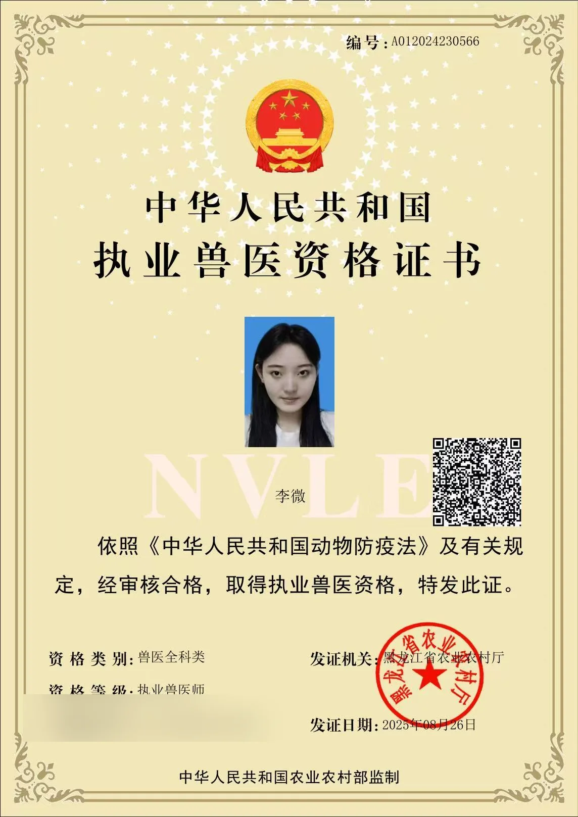 李微执业兽医资格证书照片,证书编号A012024230566,兽医全科类,我宠我爱动物医院沈阳唐人店医生,黑龙江省农业农村厅2025年9月发证
