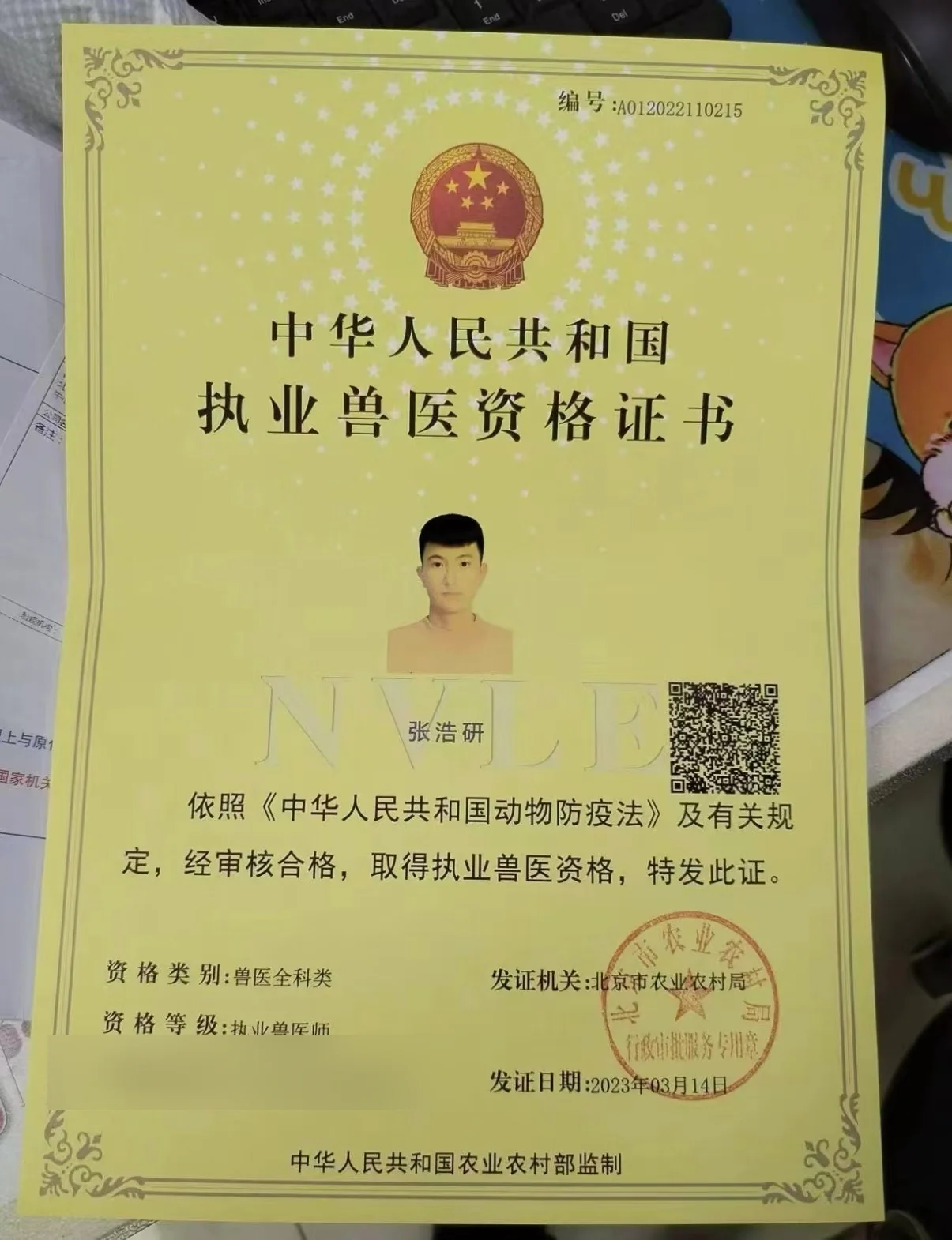 张浩研执业兽医资格证书照片,证书编号A012022110215,我宠我爱动物医院沈阳保工店主治医生,北京市农业农村局2023年3月发证